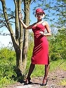 Sexy russian lady teases by luxury legs in vintage stockings in the russing forest