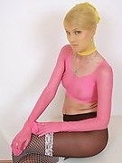 Hot blonde gets covered in nylon and stiletto heels